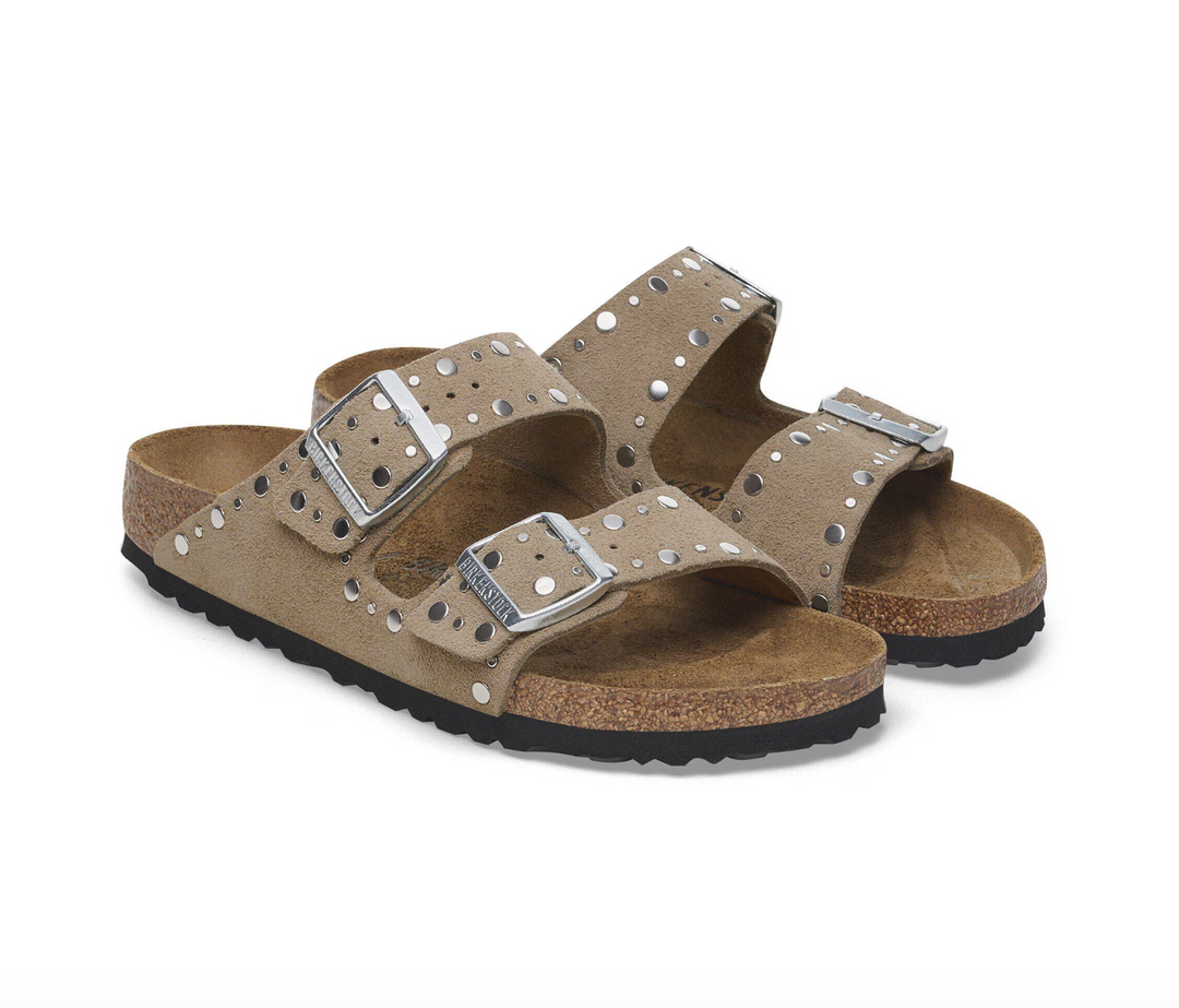 ARIZONA RIVETS TAUPE SUEDE SANDALS