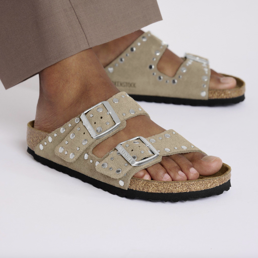 ARIZONA RIVETS TAUPE SUEDE SANDALS