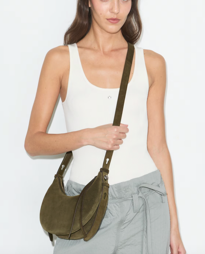 ROMY HALF MOON DARK OLIVE SUEDE BAG