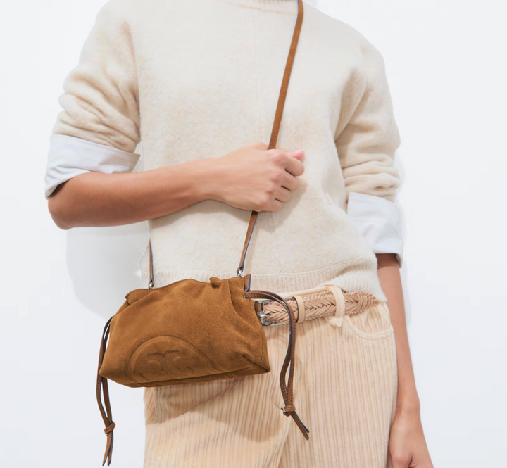 ELLA DRAWSTRING POUCH CARAMEL SUEDE