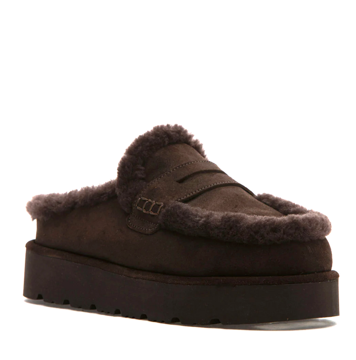 SIRIA BROWN SUEDE FUR PLATFORM MULE