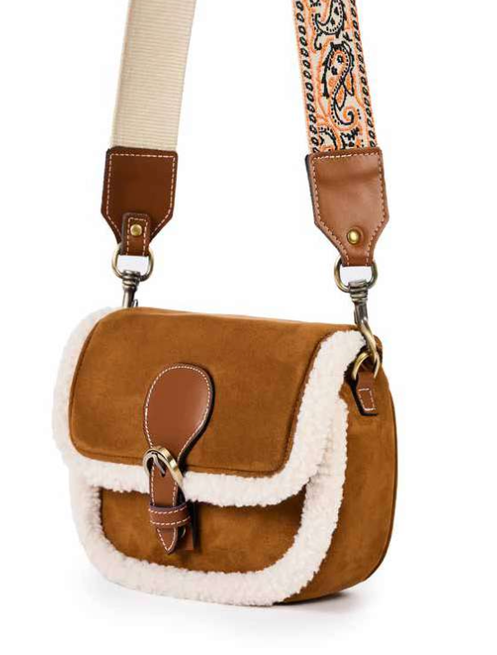 AGNES COGNAC TRIMMED IN FUR CROSSBODY