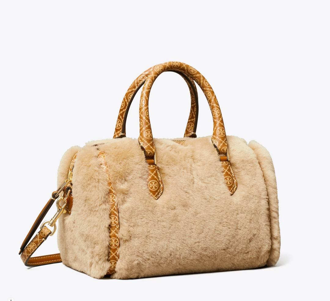 T MONOGRAM SHEARLING PETITE BARREL BAG