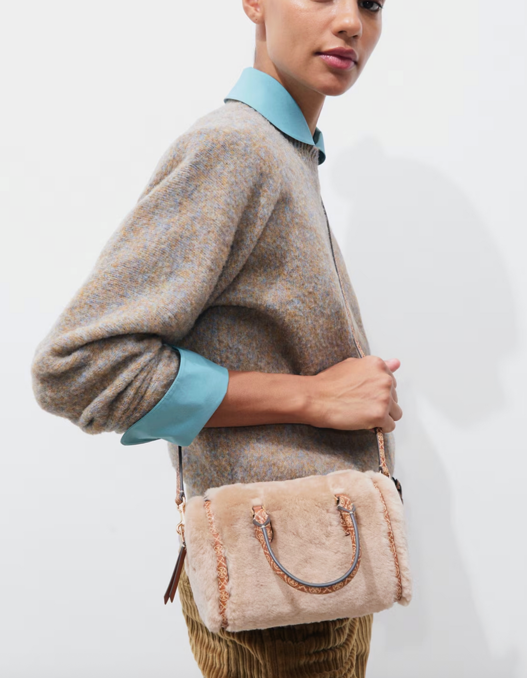 T MONOGRAM SHEARLING PETITE BARREL BAG