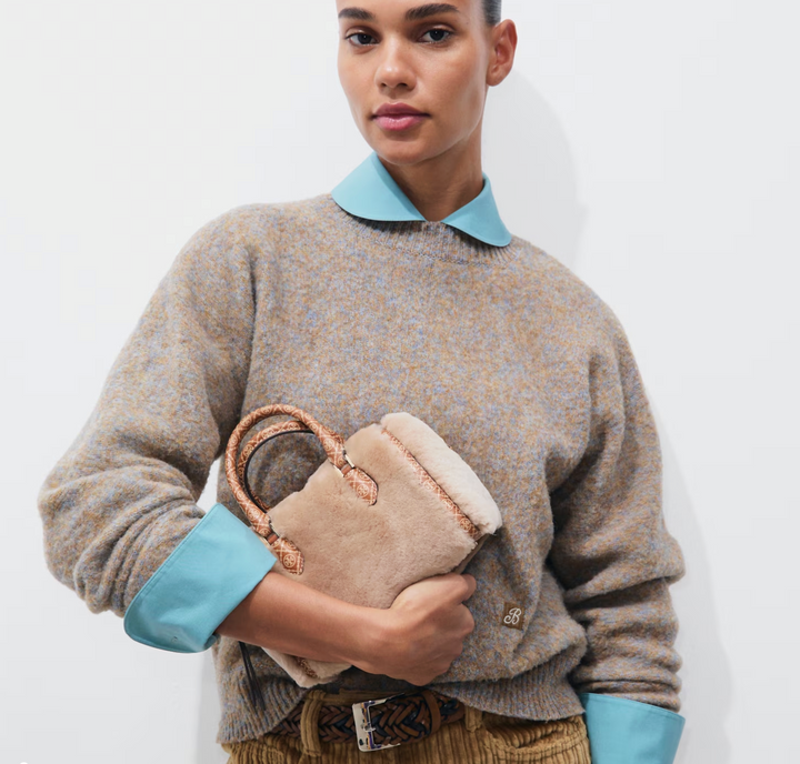 T MONOGRAM SHEARLING PETITE BARREL BAG