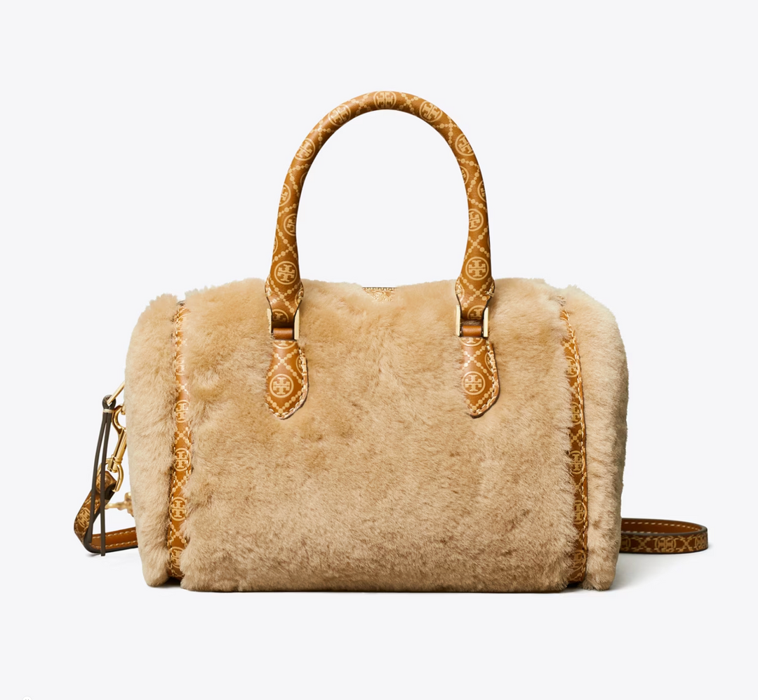 T MONOGRAM SHEARLING PETITE BARREL BAG