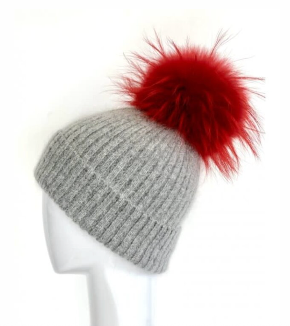 HAT62 GREY/RED POMPOM