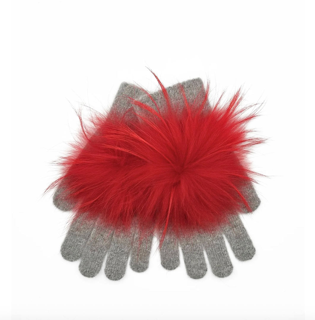 GLOVE04 GREY/RED POMPOM