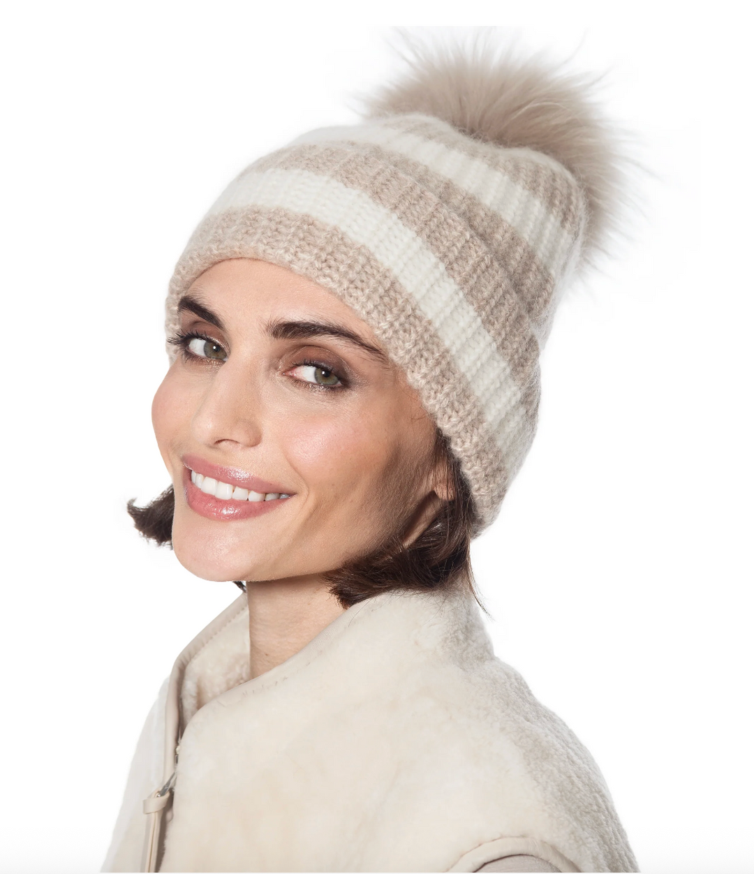 HAT81 STRIPE TAUPE POMPOM
