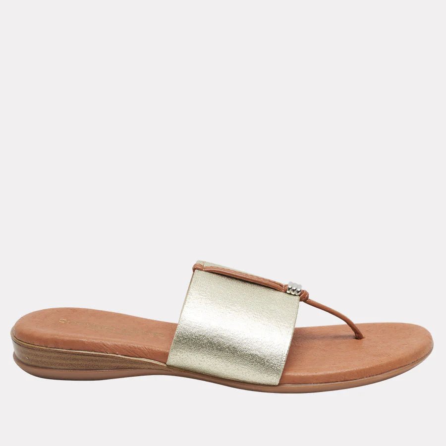 Andre Assous NICE PLATINO STRETCH SANDAL Shoes | Shop now at Main &amp; Taylor Shoes!