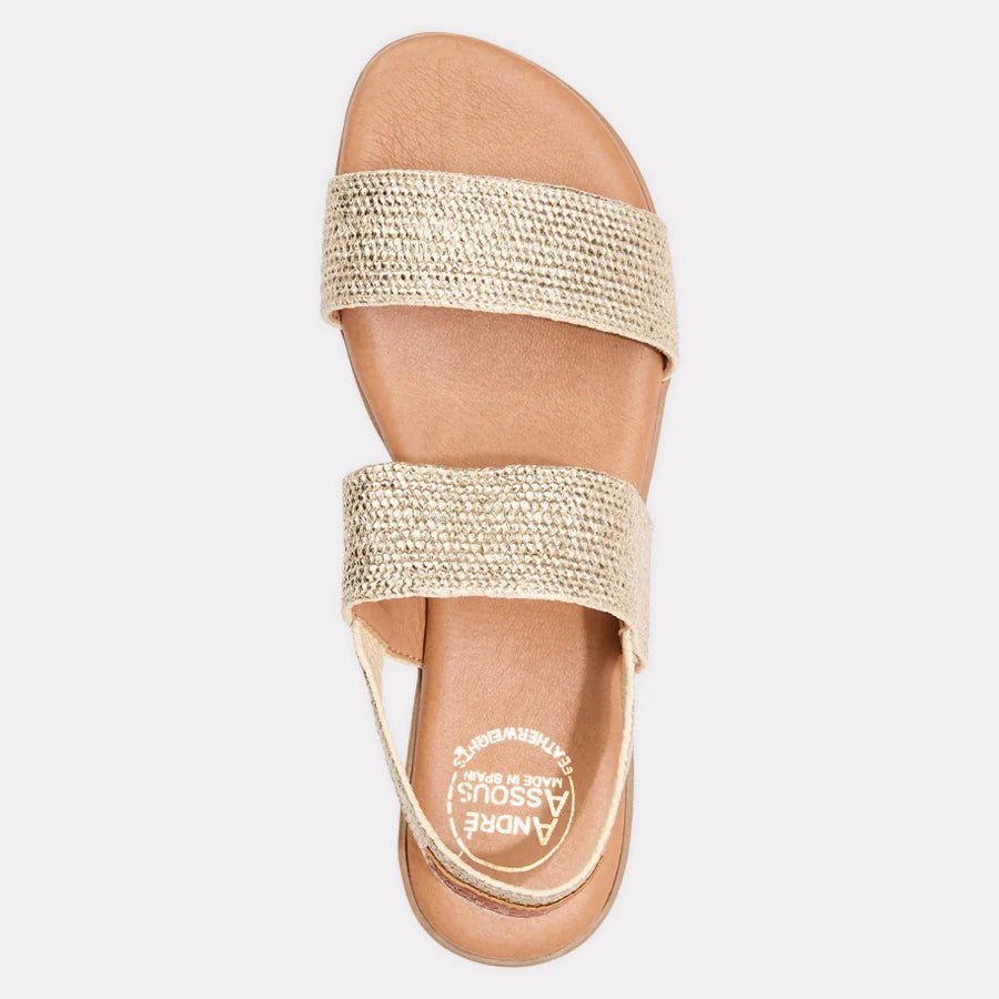 Andre Assous NIGELLA PLATINO WOVEN RAFFIA SANDAL Shoes | Shop now at Main & Taylor Shoes!