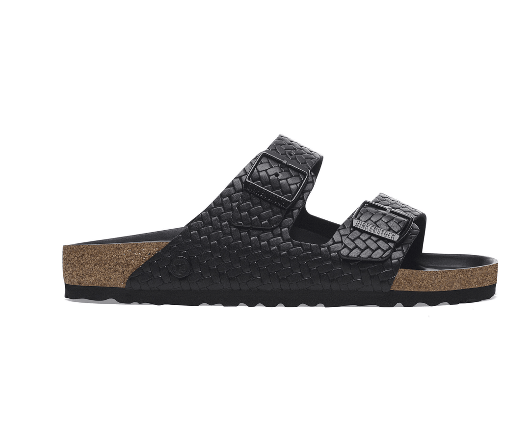 Birkenstock ARIZONA EMBOSSED WOVEN BLACK SANDAL Shoes | Shop now at Main &amp; Taylor Shoes!