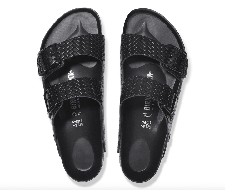 Birkenstock ARIZONA EMBOSSED WOVEN BLACK SANDAL Shoes | Shop now at Main &amp; Taylor Shoes!