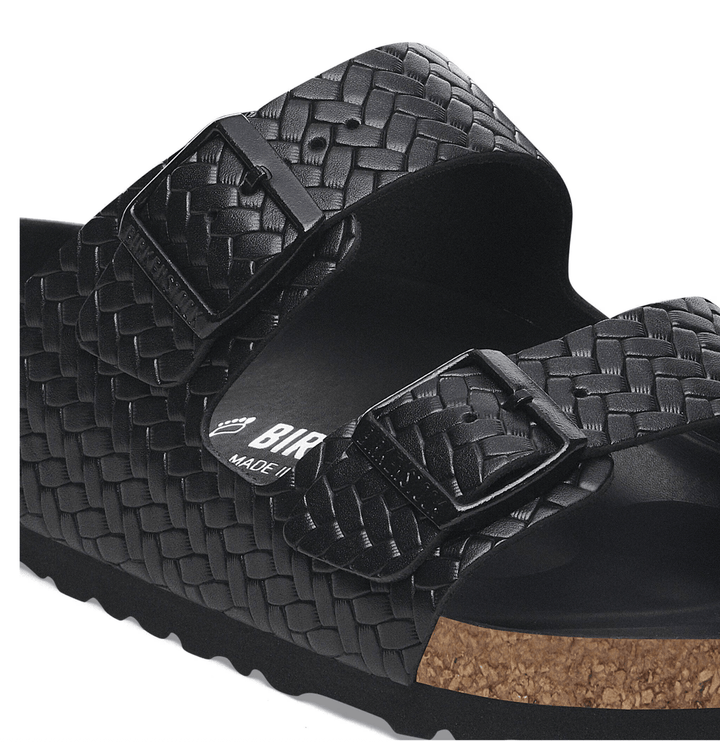 Birkenstock ARIZONA EMBOSSED WOVEN BLACK SANDAL Shoes | Shop now at Main &amp; Taylor Shoes!