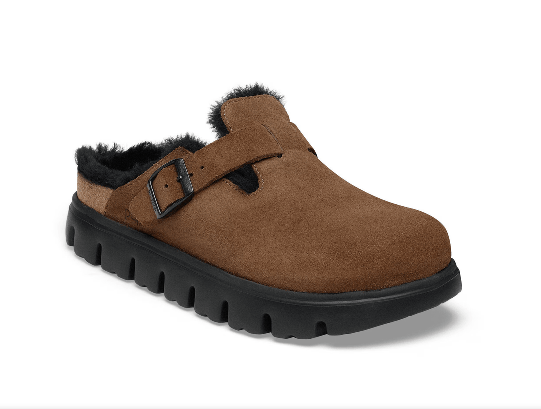 Birkenstock BOSTON CHUNKY SHEARLING DARK TEA SUEDE CLOG Shoes | Shop now at Main &amp; Taylor Shoes!