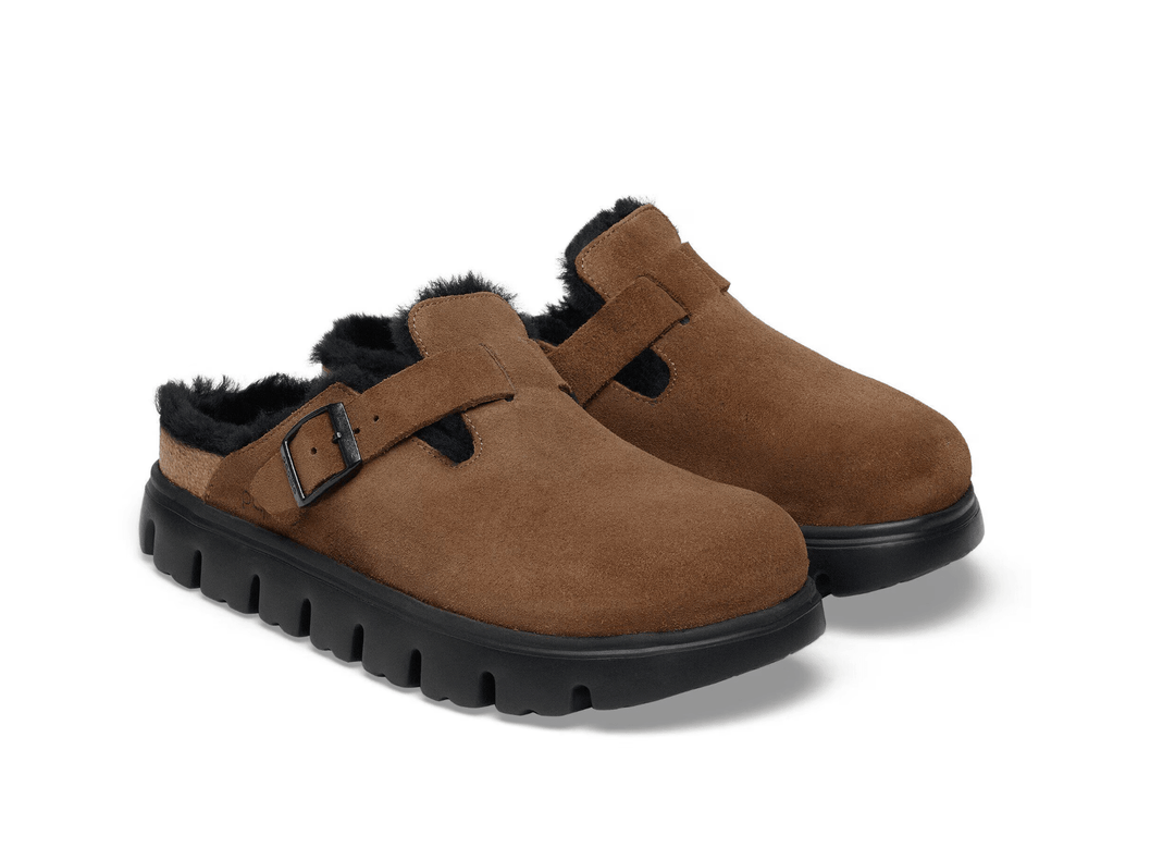 Birkenstock BOSTON CHUNKY SHEARLING DARK TEA SUEDE CLOG Shoes | Shop now at Main &amp; Taylor Shoes!