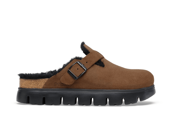 Birkenstock BOSTON CHUNKY SHEARLING DARK TEA SUEDE CLOG Shoes | Shop now at Main &amp; Taylor Shoes!