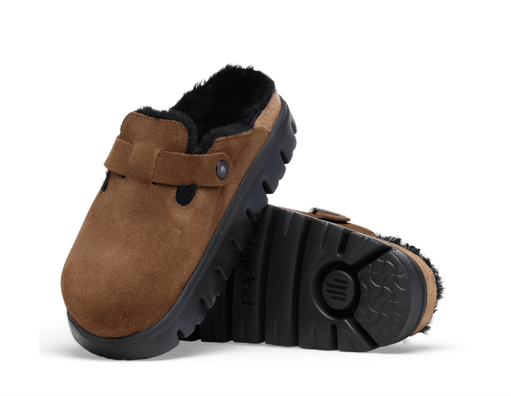 Birkenstock BOSTON CHUNKY SHEARLING DARK TEA SUEDE CLOG Shoes | Shop now at Main &amp; Taylor Shoes!