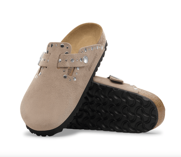 Birkenstock BOSTON RIVET TAUPE SUEDE CLOG Shoes | Shop now at Main &amp; Taylor Shoes!