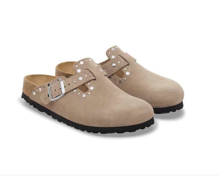 Birkenstock BOSTON RIVET TAUPE SUEDE CLOG Shoes | Shop now at Main &amp; Taylor Shoes!