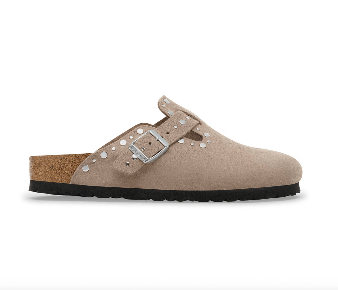 Birkenstock BOSTON RIVET TAUPE SUEDE CLOG Shoes | Shop now at Main &amp; Taylor Shoes!