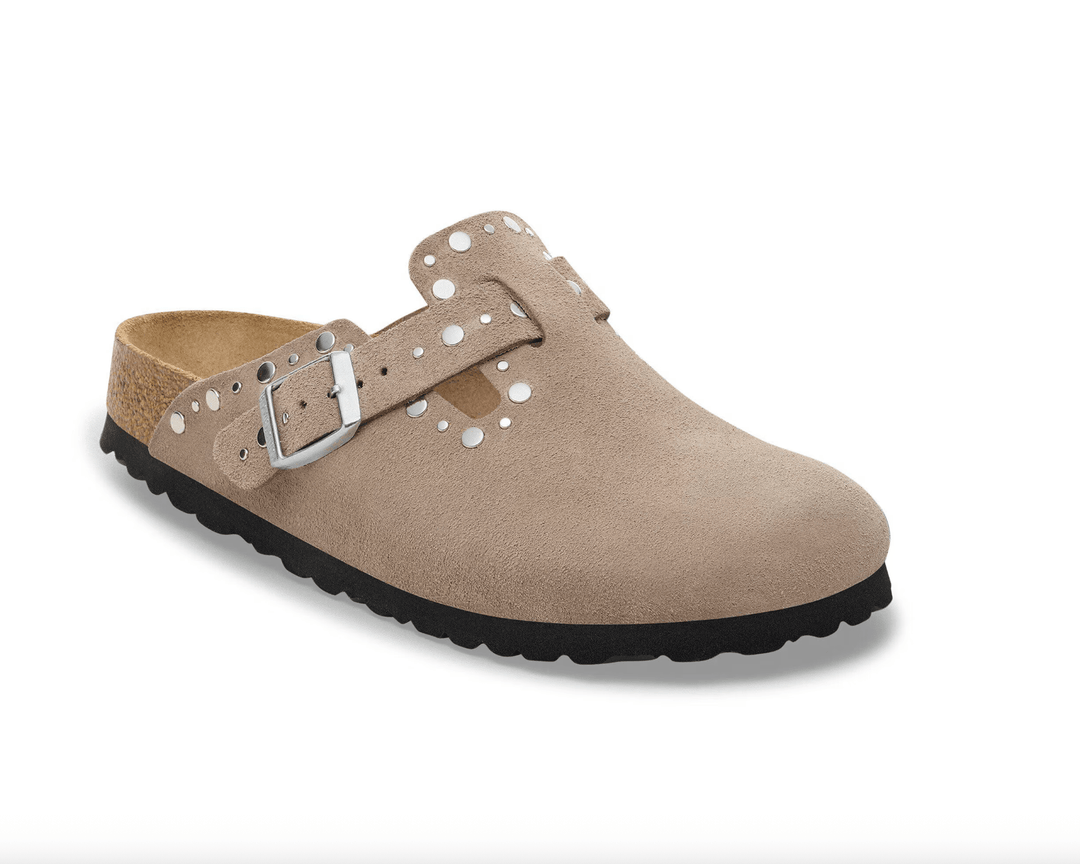 Birkenstock BOSTON RIVET TAUPE SUEDE CLOG Shoes | Shop now at Main &amp; Taylor Shoes!