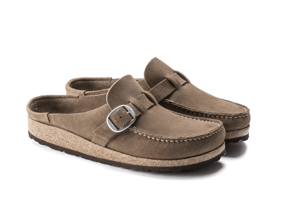 Birkenstock BUCKLEY GREY TAUPE SUEDE CLOG Shoes | Shop now at Main & Taylor Shoes!