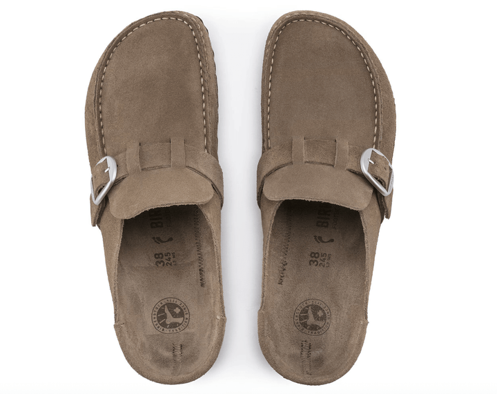 Birkenstock BUCKLEY GREY TAUPE SUEDE CLOG Shoes | Shop now at Main &amp; Taylor Shoes!
