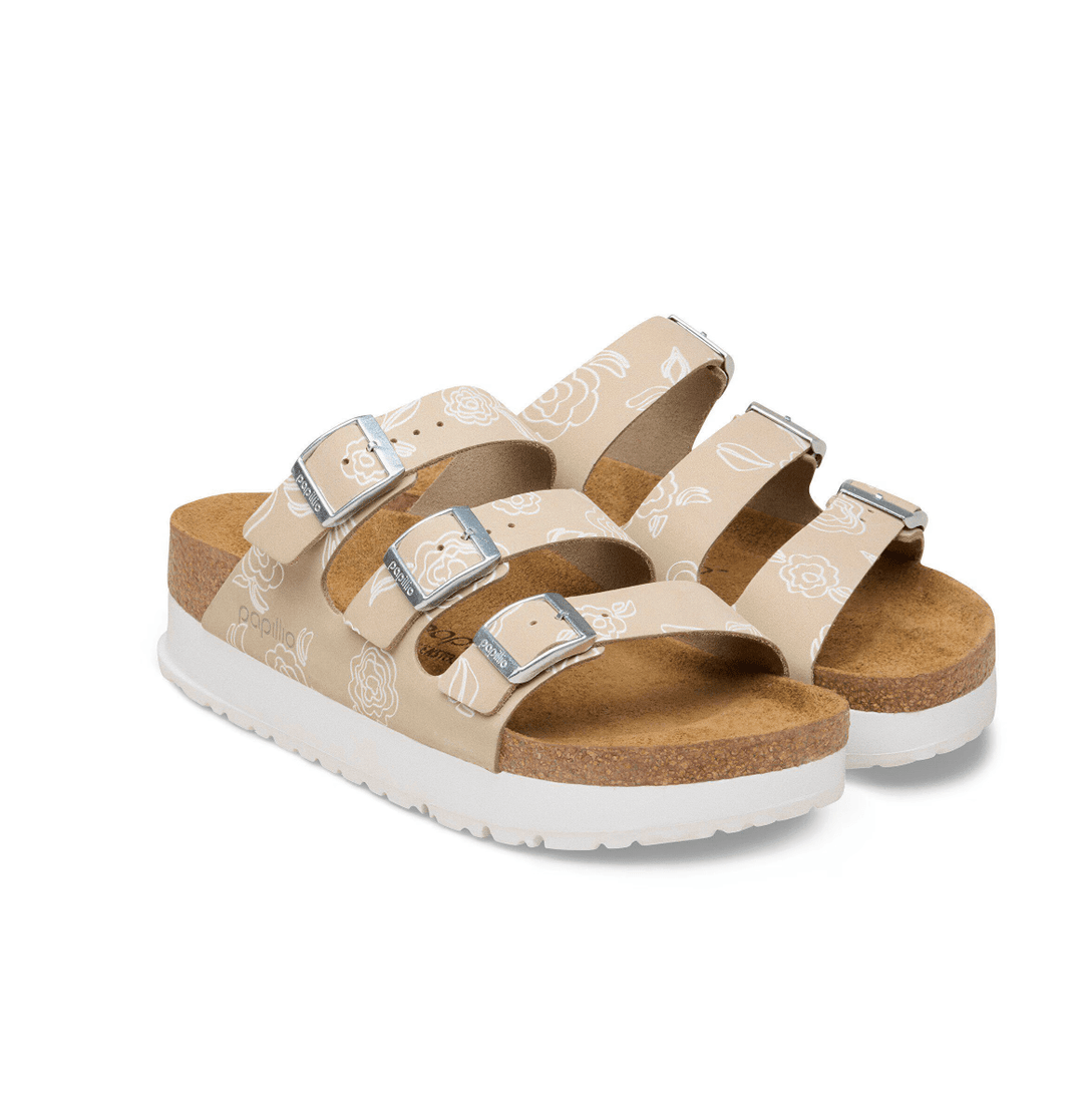 Birkenstock FLORIDA FLEX PLATFORM FLOWER PRINT OYSTER SANDAL Shoes | Shop now at Main &amp; Taylor Shoes!