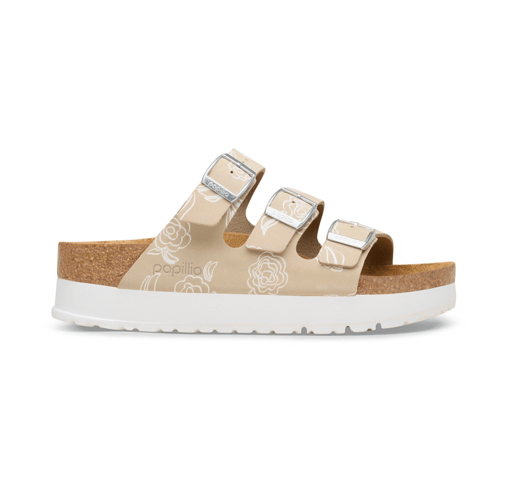 Birkenstock FLORIDA FLEX PLATFORM FLOWER PRINT OYSTER SANDAL Shoes | Shop now at Main & Taylor Shoes!