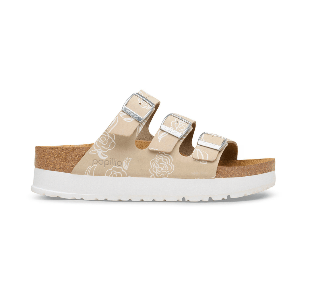 Birkenstock FLORIDA FLEX PLATFORM FLOWER PRINT OYSTER SANDAL Shoes | Shop now at Main &amp; Taylor Shoes!