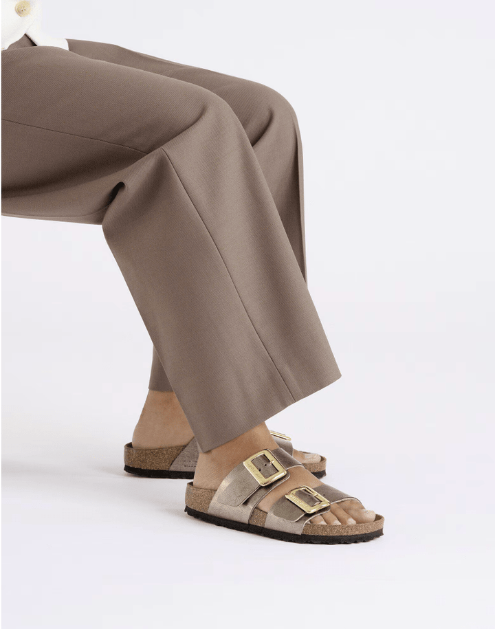 BIRKENSTOCK SYDNEY LUXE BUCKLE GRACEFUL TAUPE SANDAL SHOES | Shop now at Main &amp; Taylor Shoes!