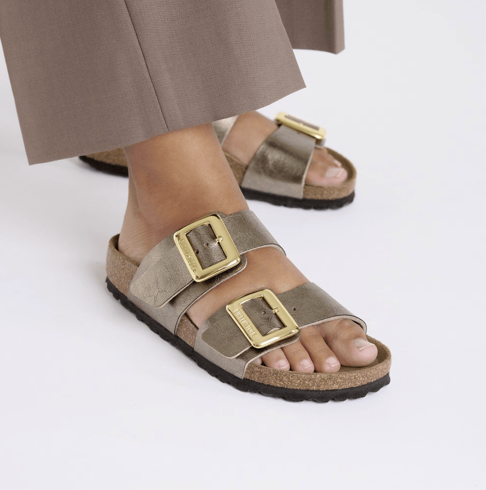 BIRKENSTOCK SYDNEY LUXE BUCKLE GRACEFUL TAUPE SANDAL SHOES | Shop now at Main & Taylor Shoes!