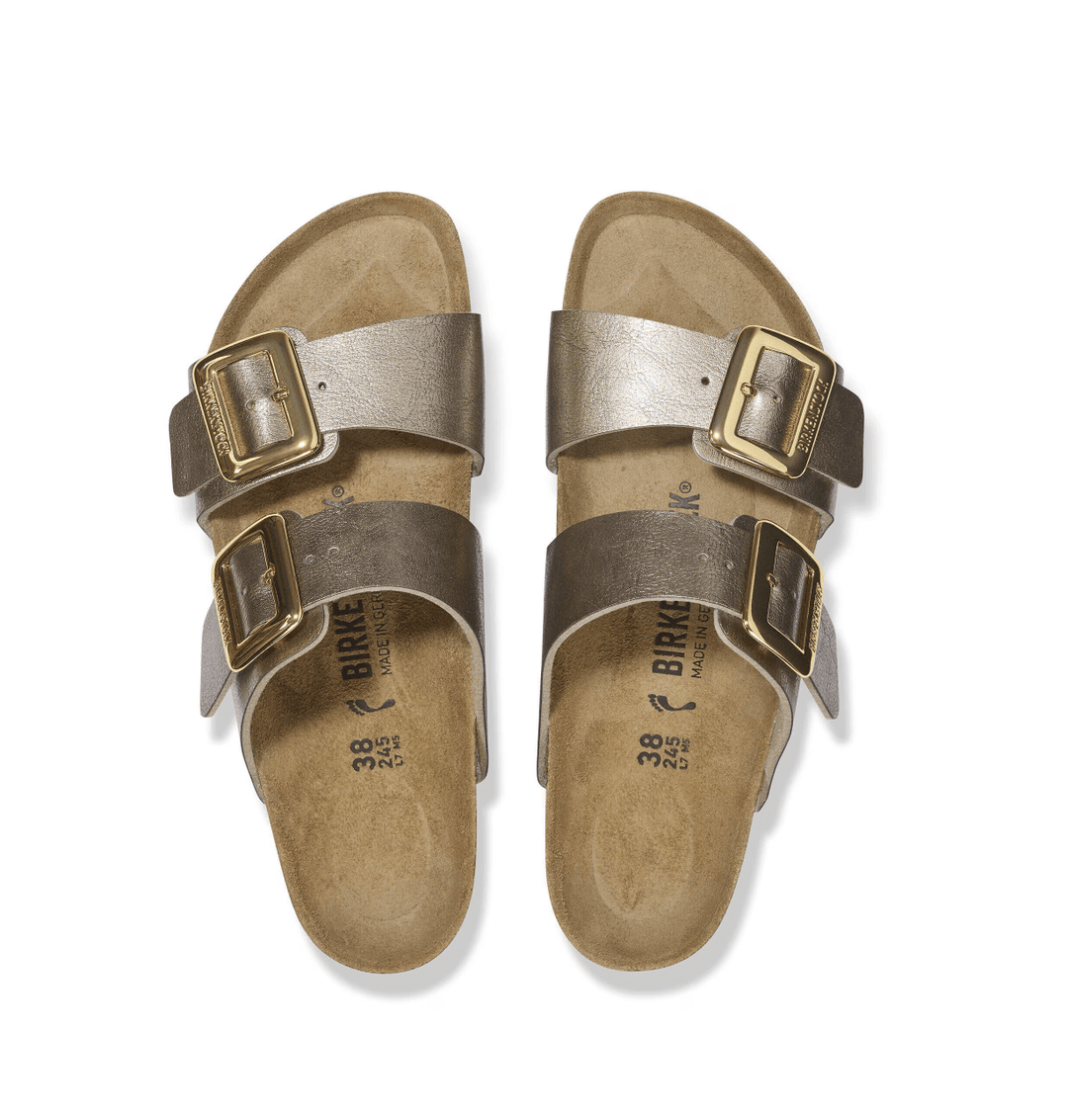 BIRKENSTOCK SYDNEY LUXE BUCKLE GRACEFUL TAUPE SANDAL SHOES | Shop now at Main &amp; Taylor Shoes!