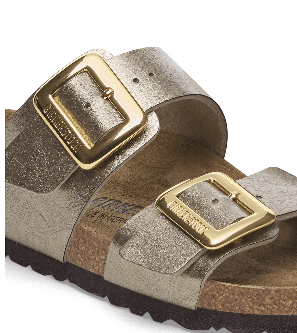 BIRKENSTOCK SYDNEY LUXE BUCKLE GRACEFUL TAUPE SANDAL SHOES | Shop now at Main &amp; Taylor Shoes!