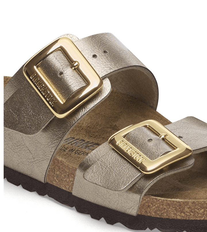 BIRKENSTOCK SYDNEY LUXE BUCKLE GRACEFUL TAUPE SANDAL SHOES | Shop now at Main &amp; Taylor Shoes!