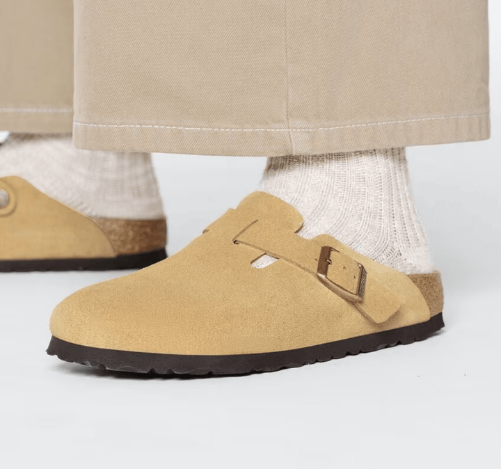 Birkenstock BOSTON LATTE/CREAM SUEDE Shoes | Shop now at Main &amp; Taylor Shoes!