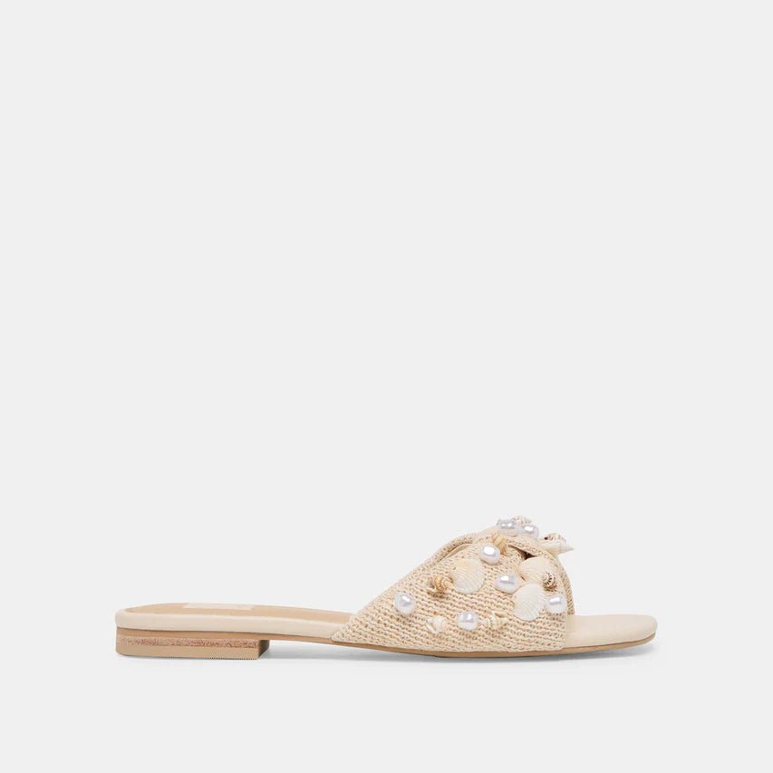 DOLCE VITA LIZZA OATMEAL BEADED RAFFIA SLIDE SHOES | Shop now at Main &amp; Taylor Shoes!