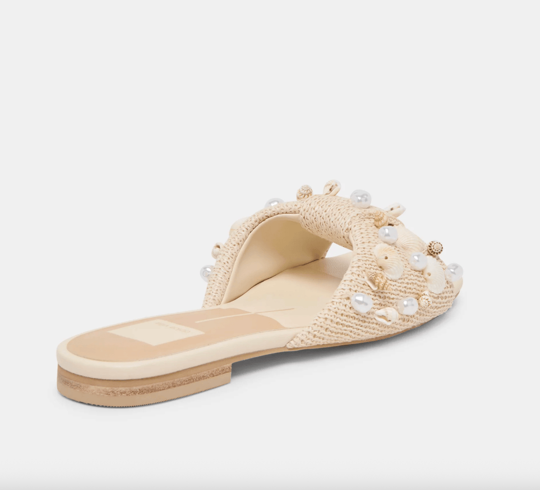 DOLCE VITA LIZZA OATMEAL BEADED RAFFIA SLIDE SHOES | Shop now at Main &amp; Taylor Shoes!
