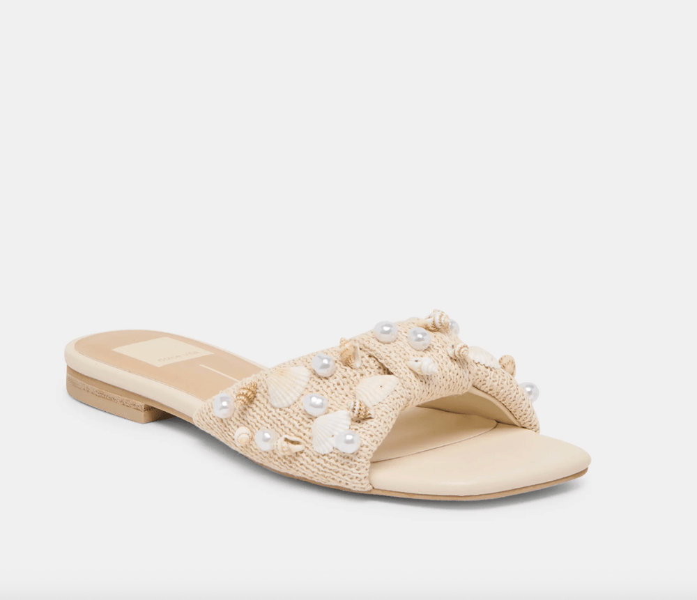 DOLCE VITA LIZZA OATMEAL BEADED RAFFIA SLIDE SHOES | Shop now at Main & Taylor Shoes!