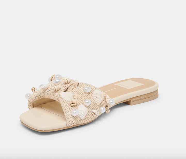 DOLCE VITA LIZZA OATMEAL BEADED RAFFIA SLIDE SHOES | Shop now at Main &amp; Taylor Shoes!