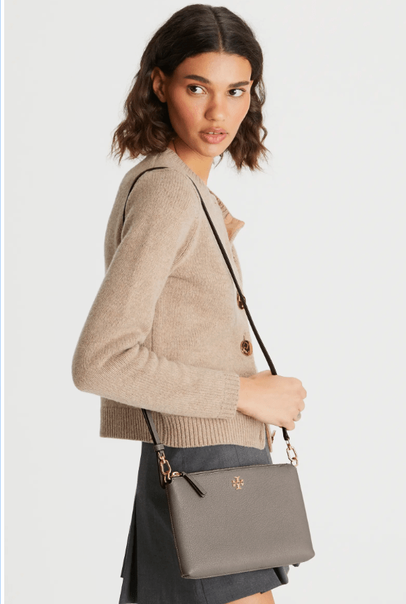 TORY BURCH HANDBAGS MERCER PEBBLED ZIPTOP CROSSBODY GREY HERON