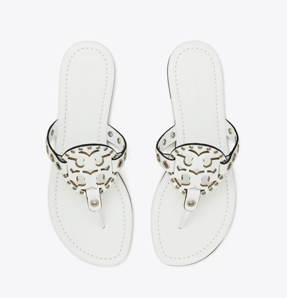 TORY BURCH MILLER EYELET SANDAL CLOUD/SILVER Shoes | Shop now at Main &amp; Taylor Shoes!
