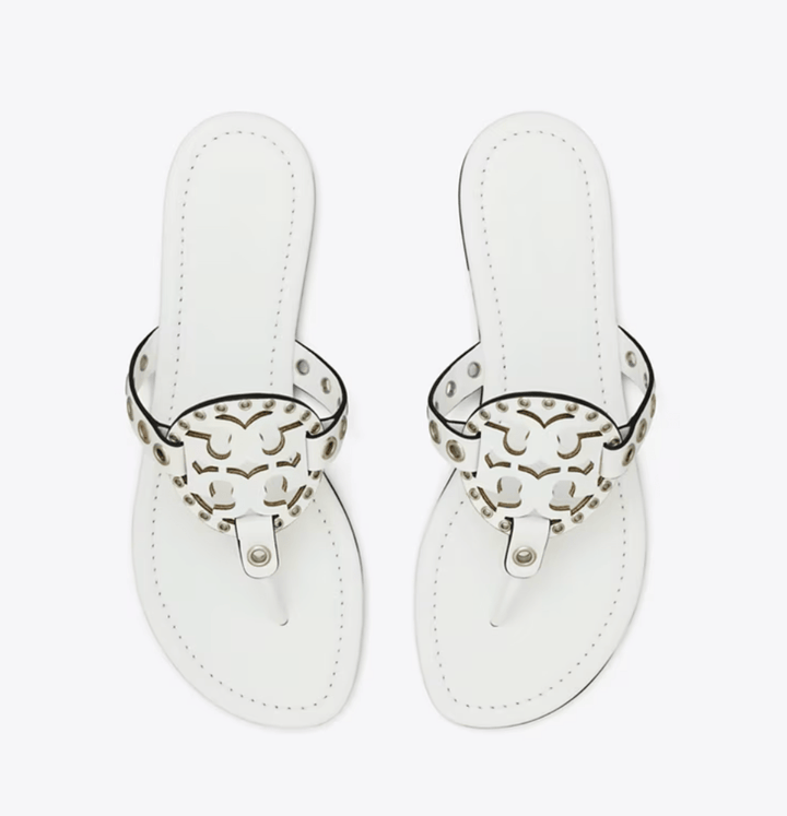 TORY BURCH MILLER EYELET SANDAL CLOUD/SILVER Shoes | Shop now at Main &amp; Taylor Shoes!
