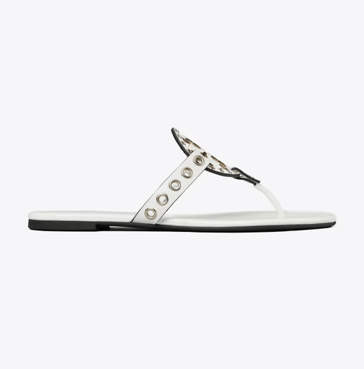 TORY BURCH MILLER EYELET SANDAL CLOUD/SILVER Shoes | Shop now at Main &amp; Taylor Shoes!