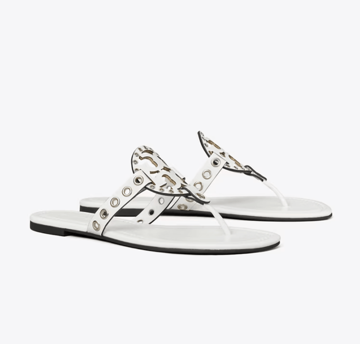 TORY BURCH MILLER EYELET SANDAL CLOUD/SILVER Shoes | Shop now at Main &amp; Taylor Shoes!