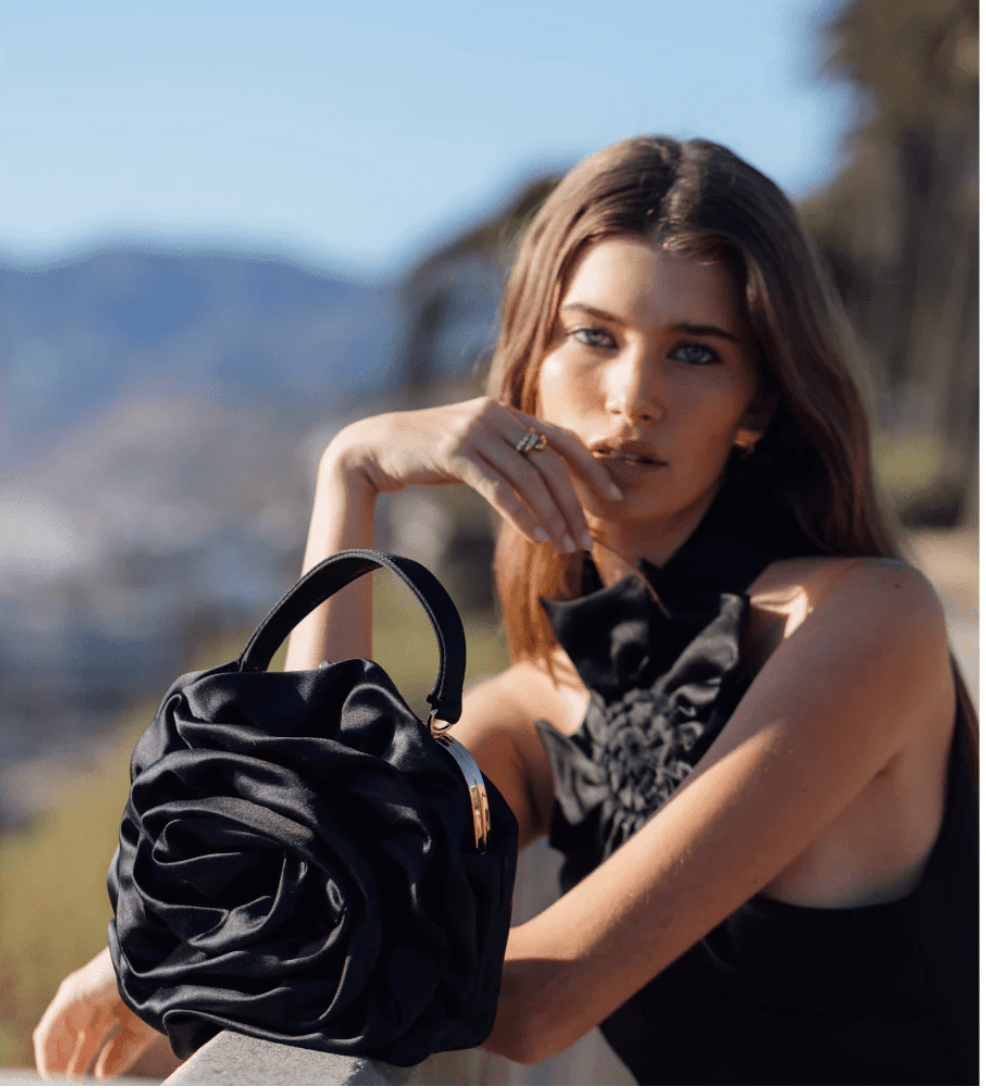 Olga Berg ROSITA ROSETTE BLACK BAG HANDBAGS | Shop now at Main & Taylor Shoes!