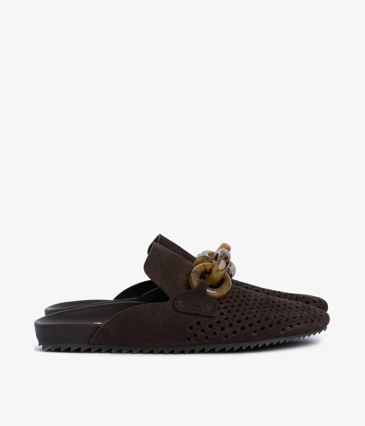 PEDRO GARCIA BRAIDY BROWN SUEDE/TORTOISE ORNAMENT MULE Shoes | Shop now at Main &amp; Taylor Shoes!