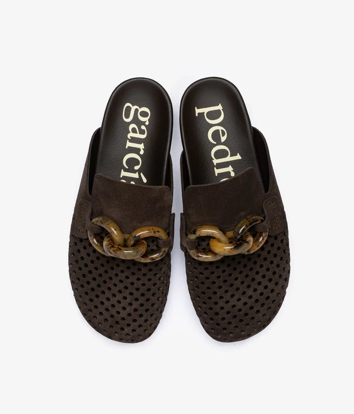 PEDRO GARCIA BRAIDY BROWN SUEDE/TORTOISE ORNAMENT MULE Shoes | Shop now at Main &amp; Taylor Shoes!