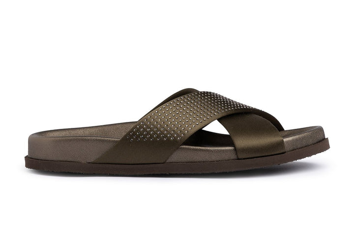 PEDRO GARCIA DALIANA OLIVADE SATIN SLIDE SHOES | Shop now at Main &amp; Taylor Shoes!
